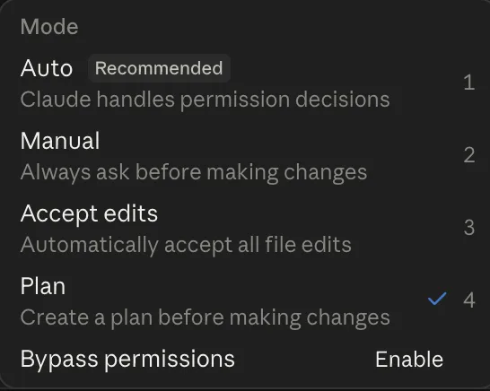 תפריט המצבים בקלוד קוד: Auto, Manual, Accept edits, Plan